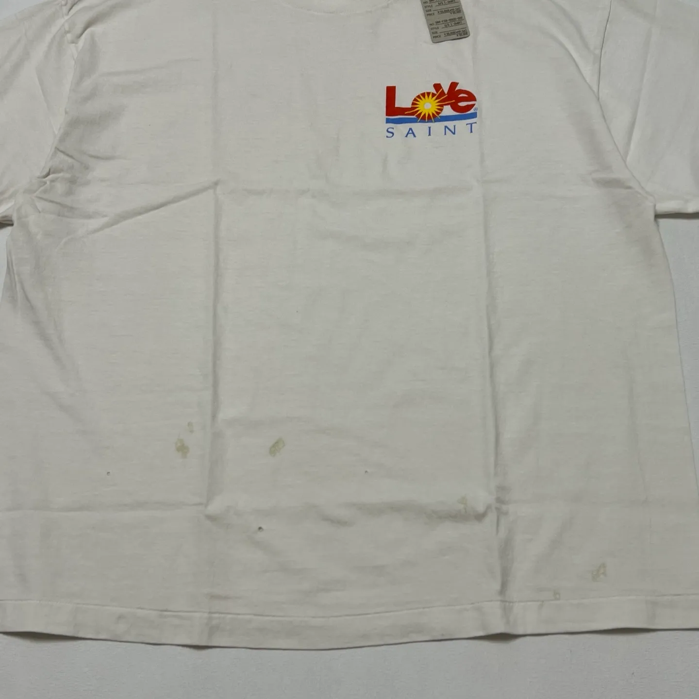 SAINT Mxxxxxx 25SS LOVE_SS TEE/WHT LOVE little sun destroyed washed distressed short sleeves off-white S-XL rainbow OE yarn original version consistent tube woven side seam fabric re-washed distressed craftsmanship of cut and damaged holes hand-made graffiti splashed ink original consistent main mark/wash mark/little angel anti-counterfeiting mark